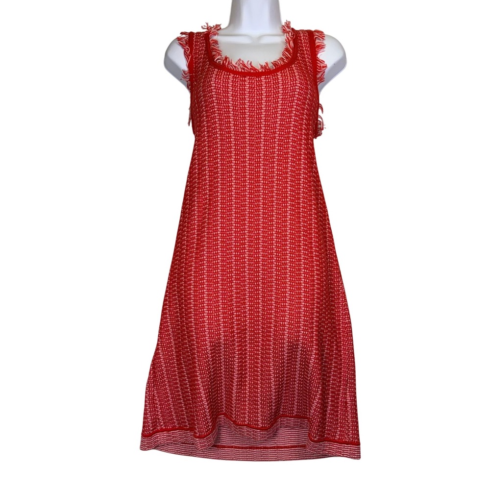 Red White Textured Cotton Knit Frayed Trim Tweed Shift Dress Wms M Quiet Luxury